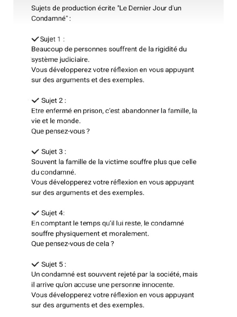 Sujets proposés de le dernier jour d'un condamné | PDF