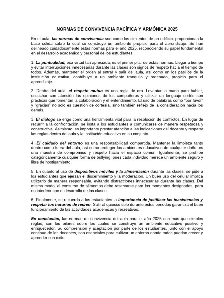 Normas de Convivencia 2025 en el Aula | PDF | Salón de clases | Escuelas