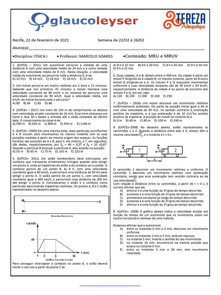 Exercícios de MRU e MRUV para Física I | PDF | Velocidade | Mecânica