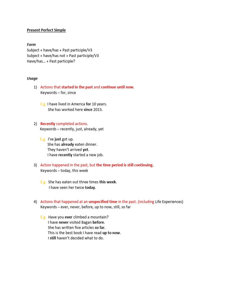 Present Perfect Simple Overview | PDF