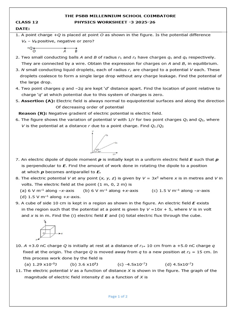Class 12 Physics Worksheet on Electric Potential | PDF | Electric Field ...