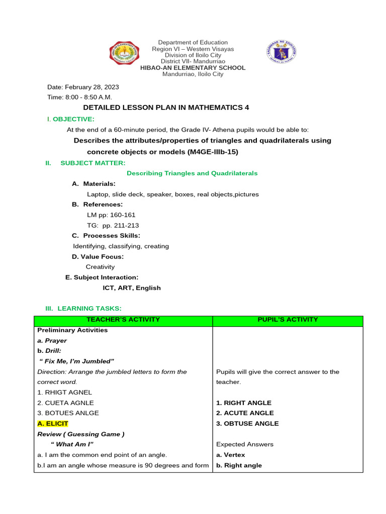 Grade IV Math Lesson Plan: Shapes | PDF | Rectangle | Triangle