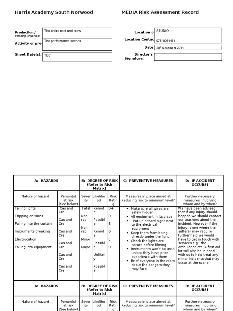 Media Shoot Risk Assessment Guide | PDF | Hazards | Risk