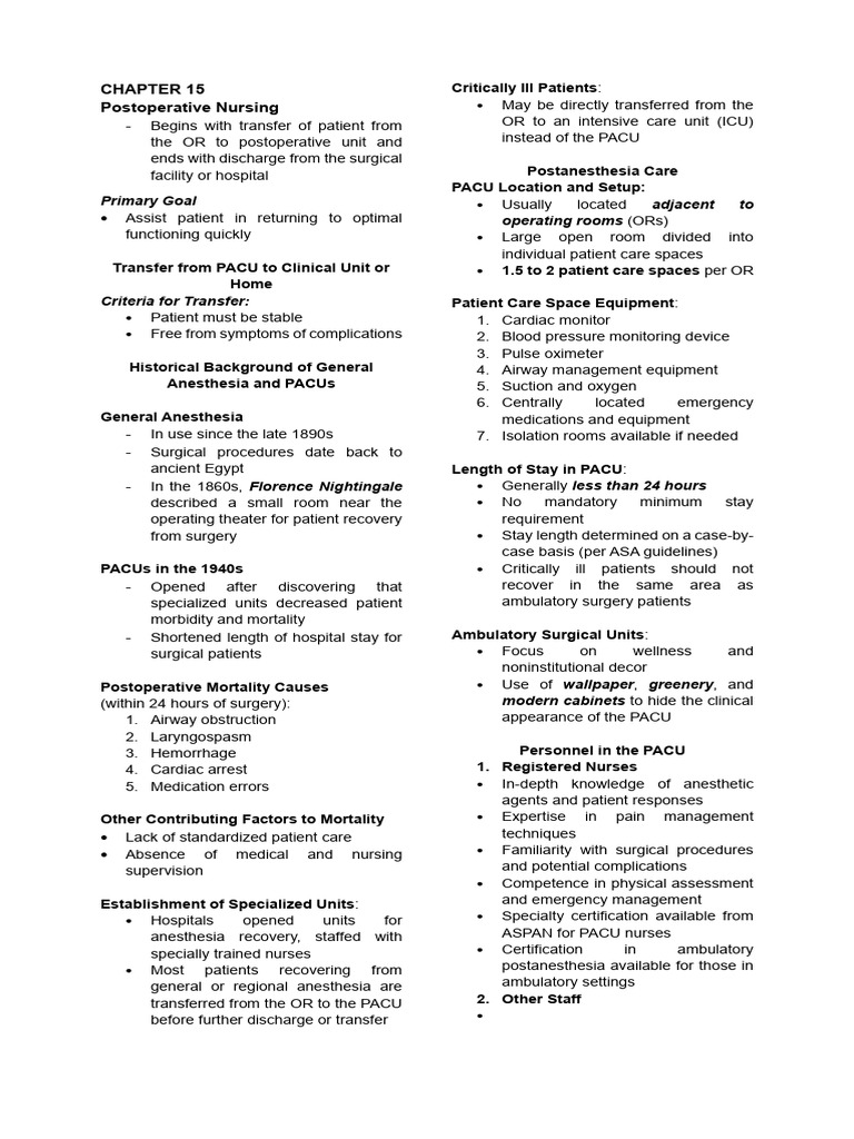 Postoperative Nursing Care Essentials | PDF | Anesthesia | Thrombosis