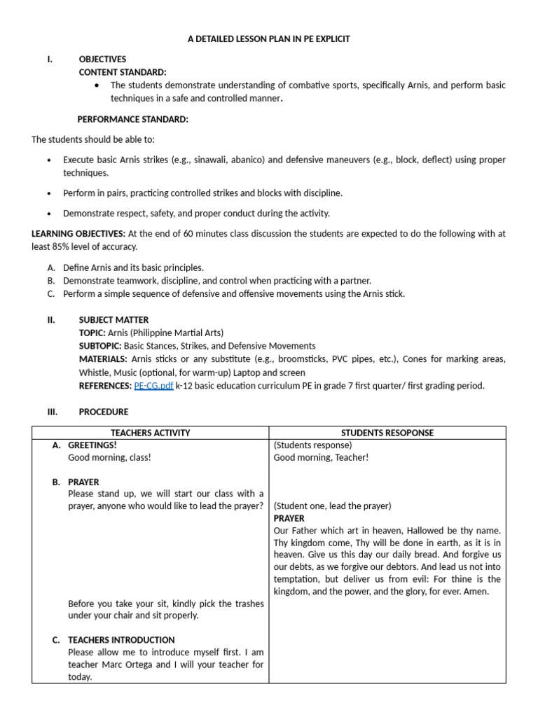 Arnis Lesson Plan for PE Class | PDF