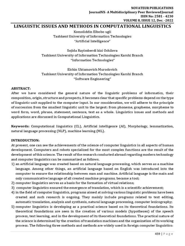 Linguistic Issues and Methods in Computa A4919075 | PDF | Morphology ...