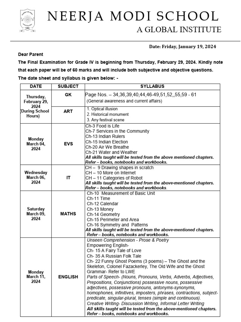 Grade IV Exam Schedule and Details | PDF | Part Of Speech | Linguistic ...