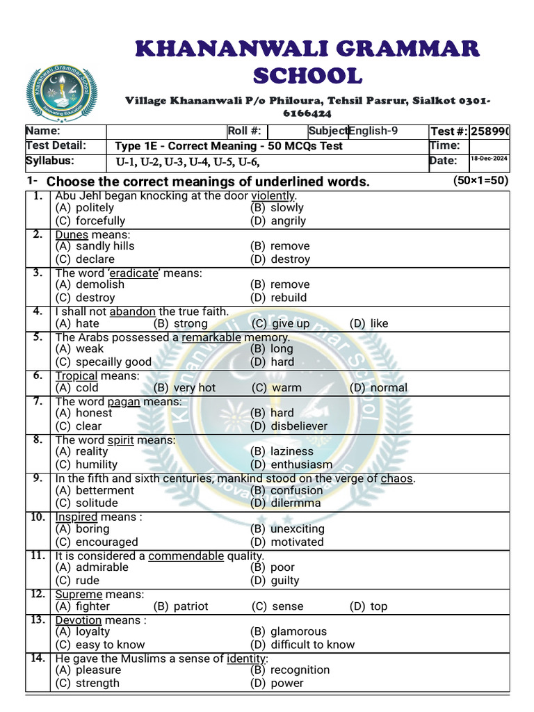 Vocabulary Meaning Test for English-9 | PDF | Multiple Choice
