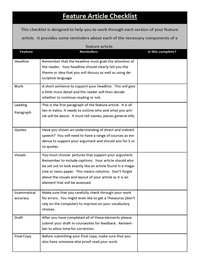 Feature Article Preparation Checklist | PDF