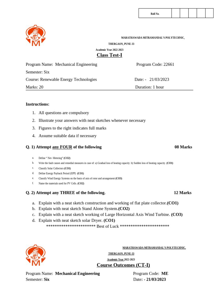 Class Test Paper1 | PDF | Renewable Energy | Energy Development