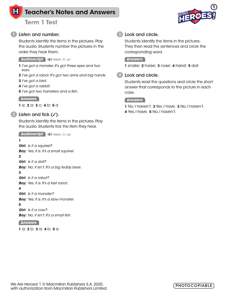 Term 1 Test Teacher's Notes & Answers | PDF