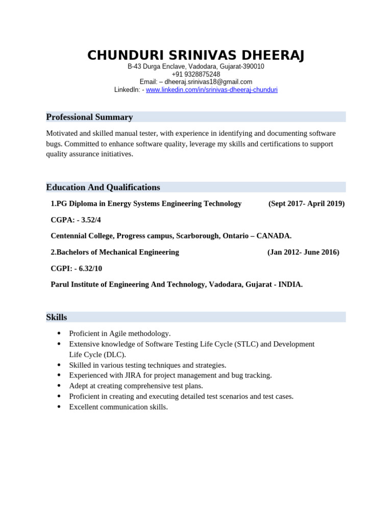 Manual Tester Resume and Skills Overview | PDF | Software Testing ...