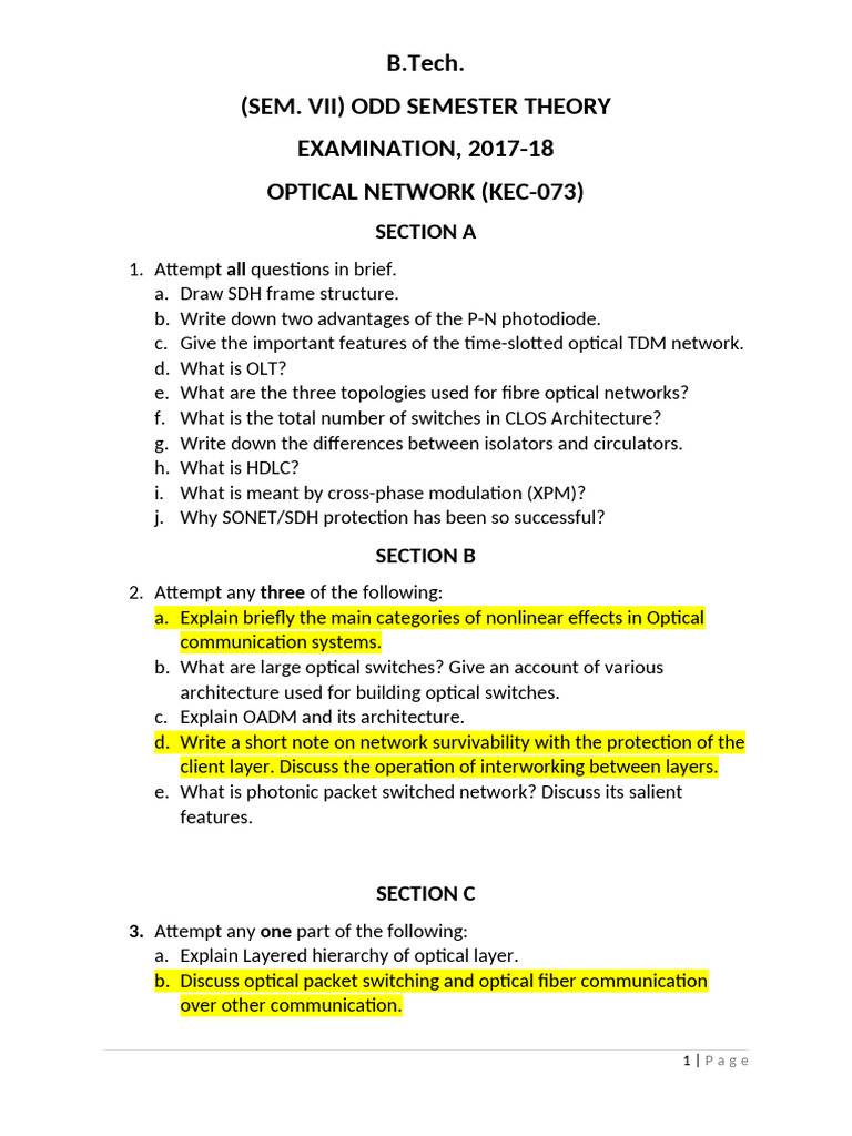 B.Tech Optical Network Exam Guide | PDF | Fiber Optic Communication ...