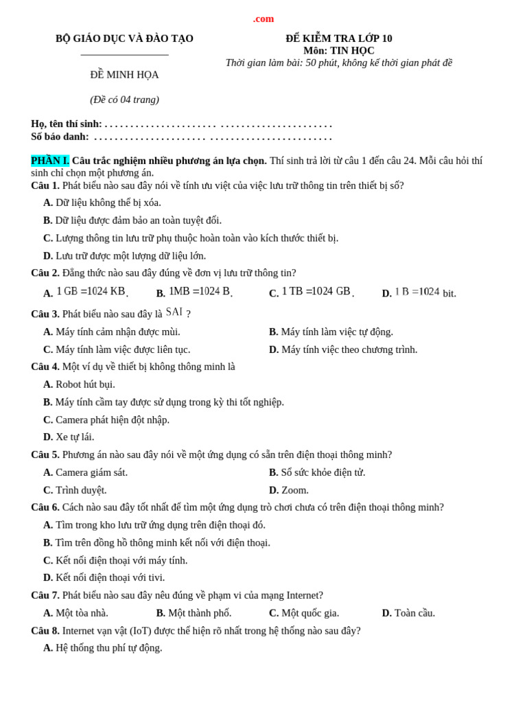 De Minh Hoa Tin 10 Bo GDDT | PDF