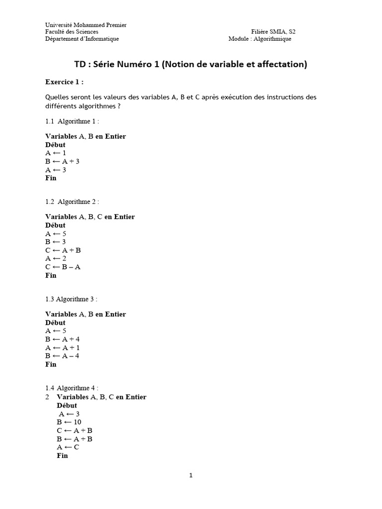 Algorithmes et Variables en Informatique | PDF | Informatique ...