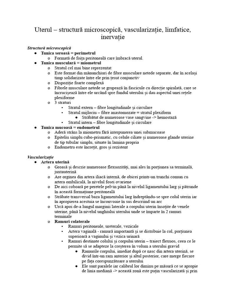 Uterul - Structură Microscopică, Vascularizație, Limfatice, Inervație | PDF