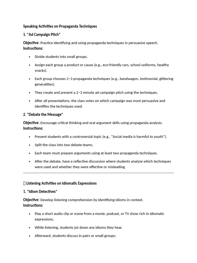 Speaking Activities On Propaganda Techniques | PDF
