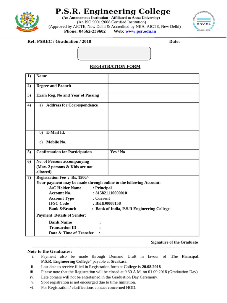 P.S.R. Engineering College Graduation Registration | PDF