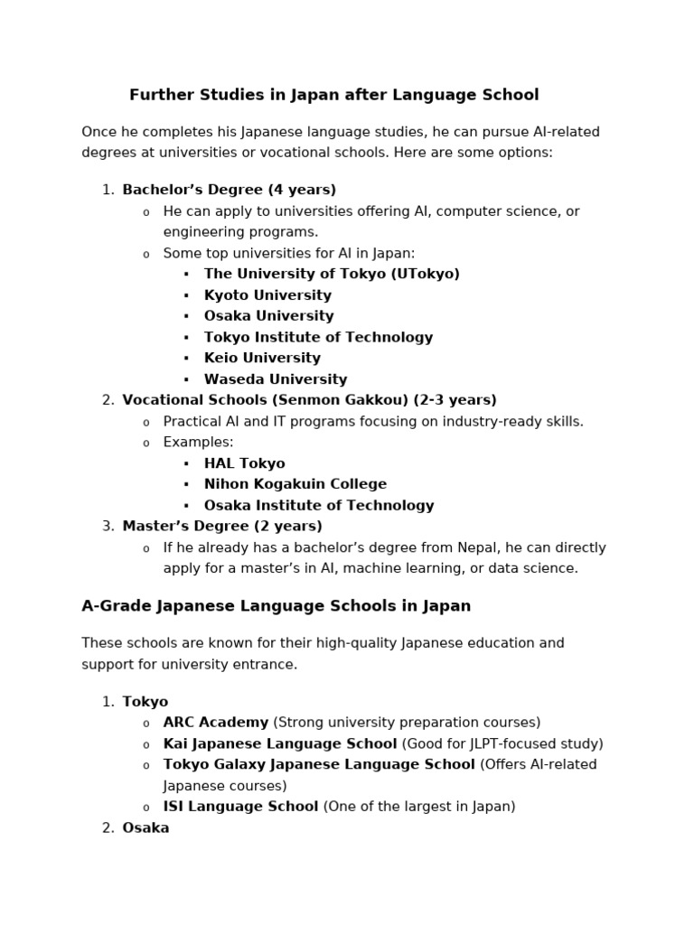 Study Path for AI in Japan After Language School | PDF