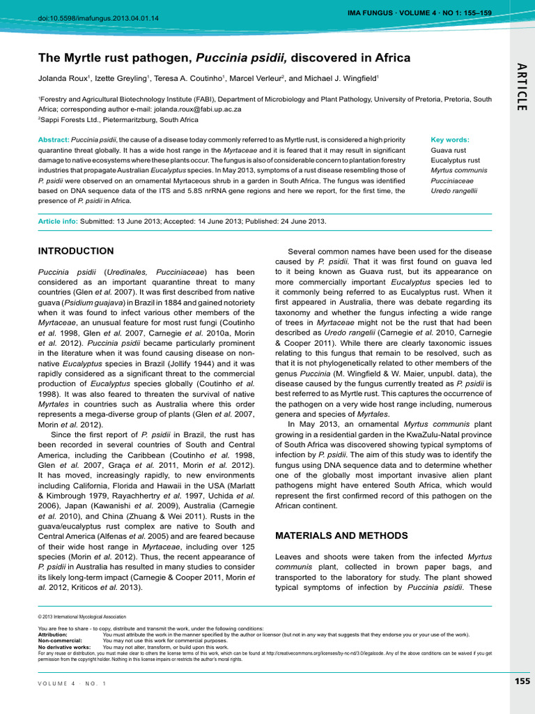 The Myrtle Rust Pathogen, Puccinia Psidii, Discovered in Africa | PDF ...