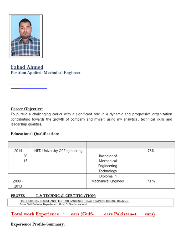 Mechanical Engineer Profile: Fahad Ahmed | PDF | Nondestructive Testing ...