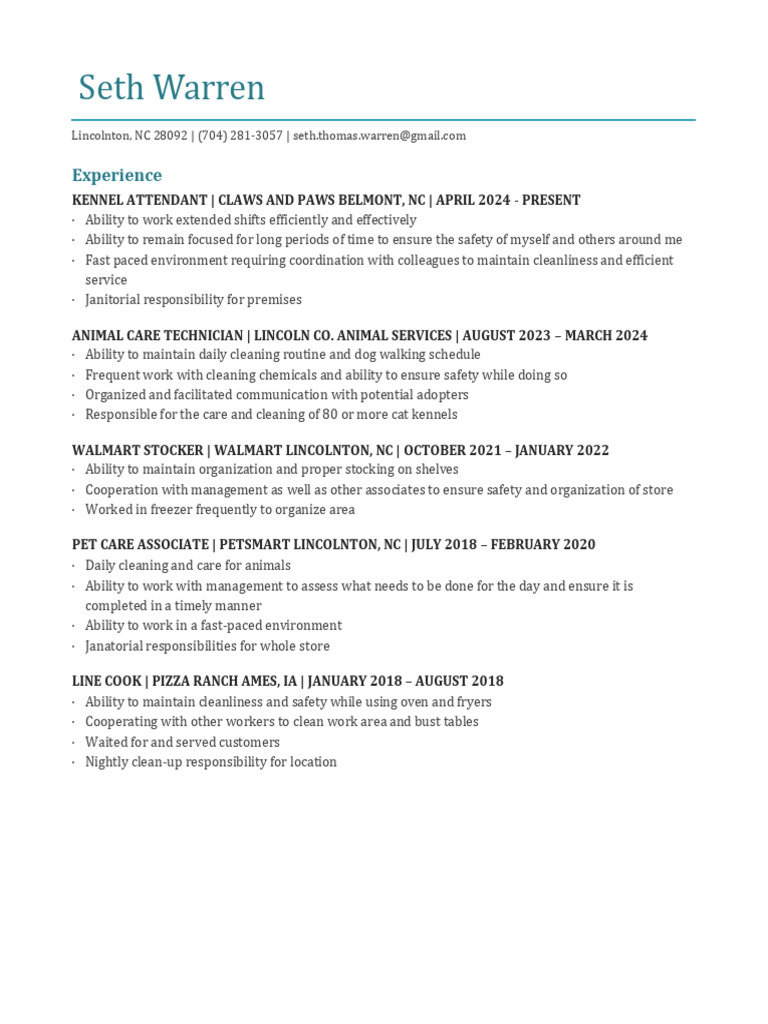 Animal Care and Janitorial Experience | PDF