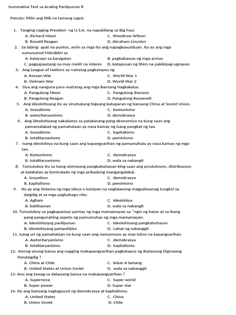 Review On Summative Test in AP 8 4th Quarter | PDF