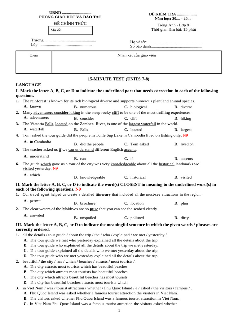 English Test for Grade 9: Units 7-8 | PDF