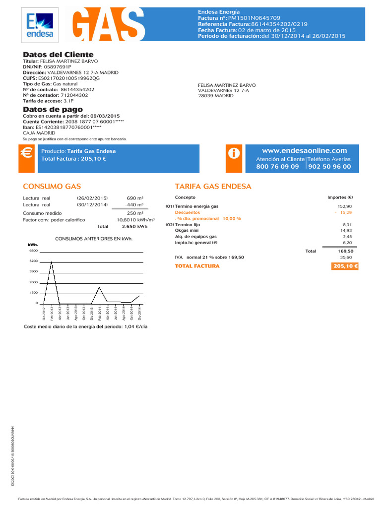 Datos Del Cliente: Consumo Gas Tarifa Gas Endesa | PDF | Energia ...