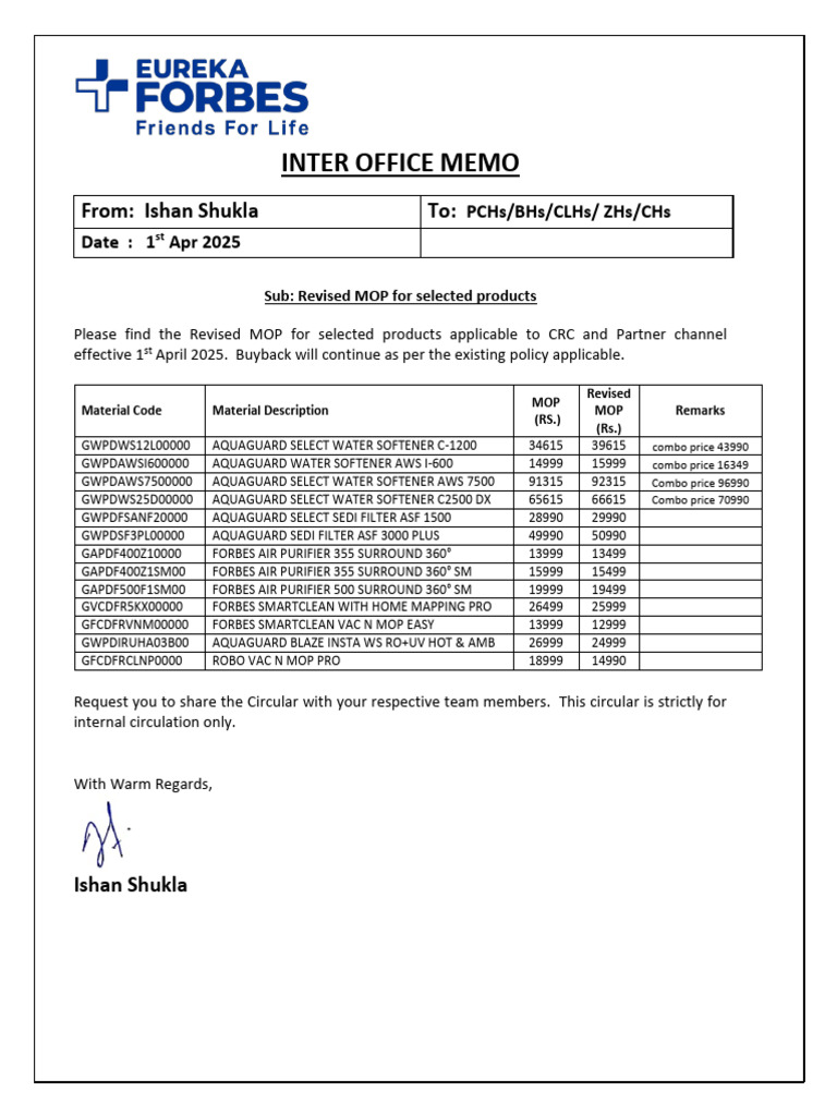 Revised MOP for Aquaguard Softener Products | PDF