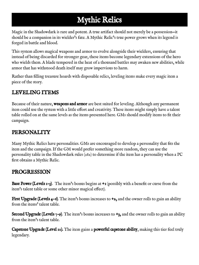 Mythic Relics: Evolving Legendary Items | PDF