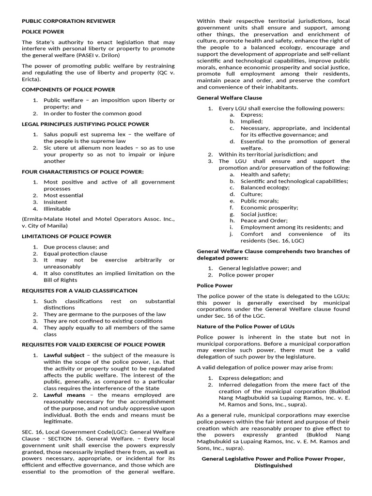 Public Corporation Reviewer | PDF | Taxes | Police Power (United States ...