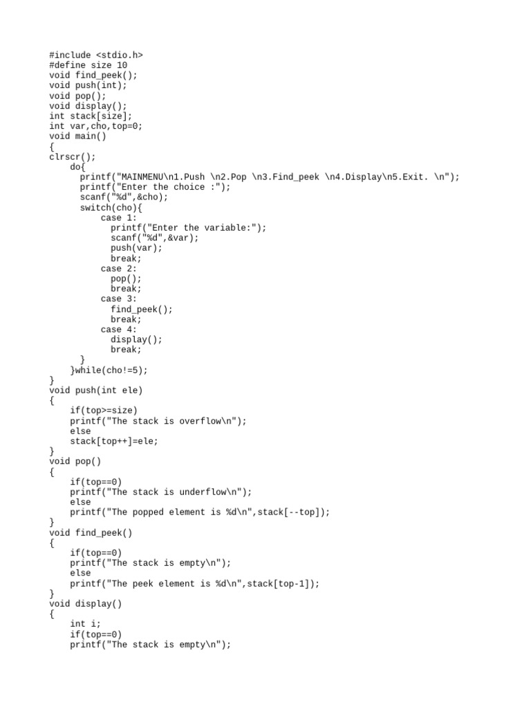 C Stack Operations: Push, Pop, Peek | PDF