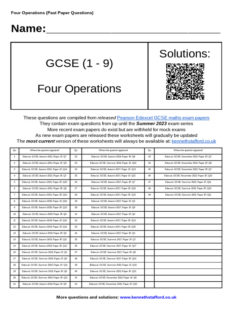 GCSE Four Operations Past Papers | PDF
