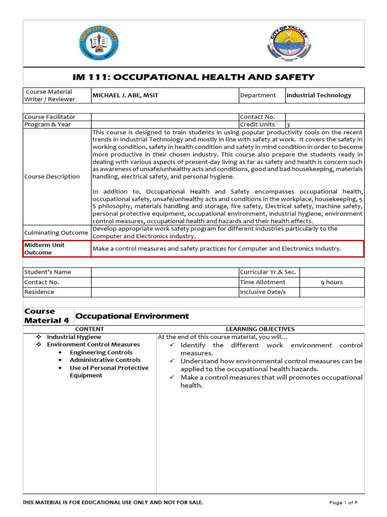 Occupational Health & Safety Course Guide | PDF | Ventilation ...