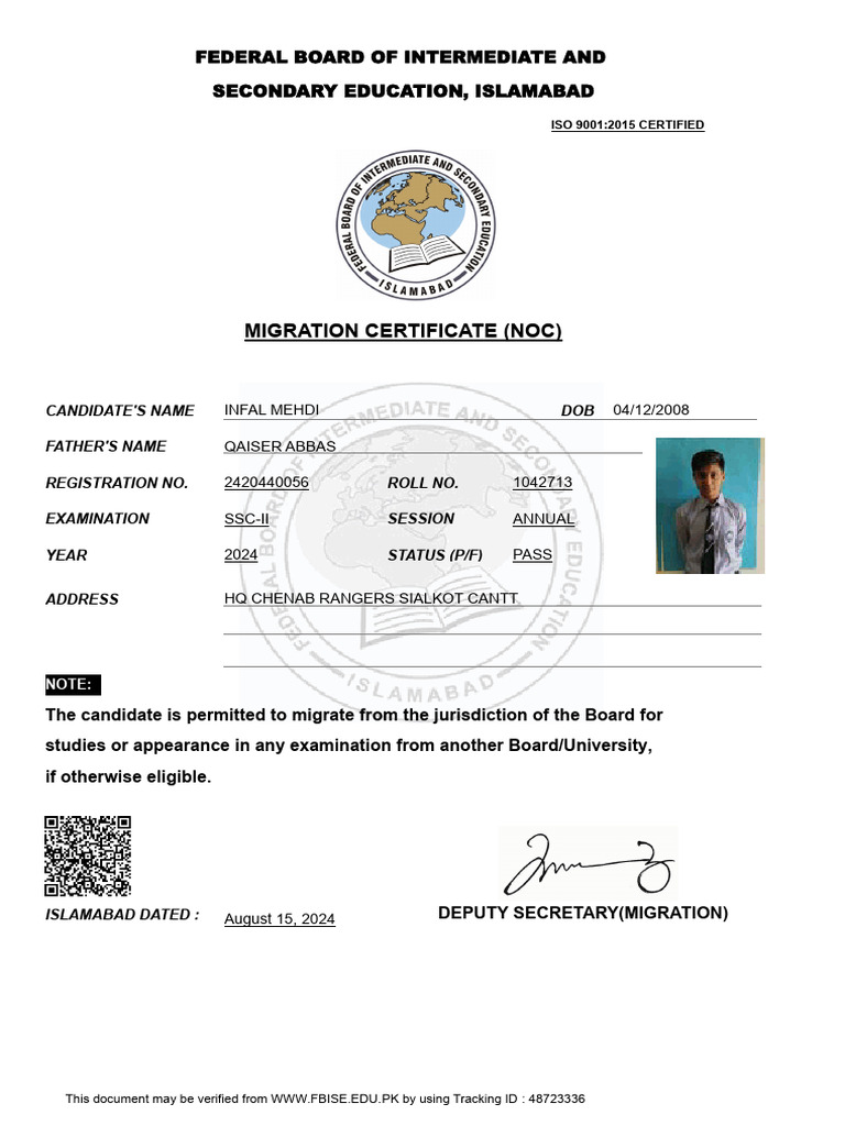 Migration Certificate (Noc) : Federal Board of Intermediate and ...