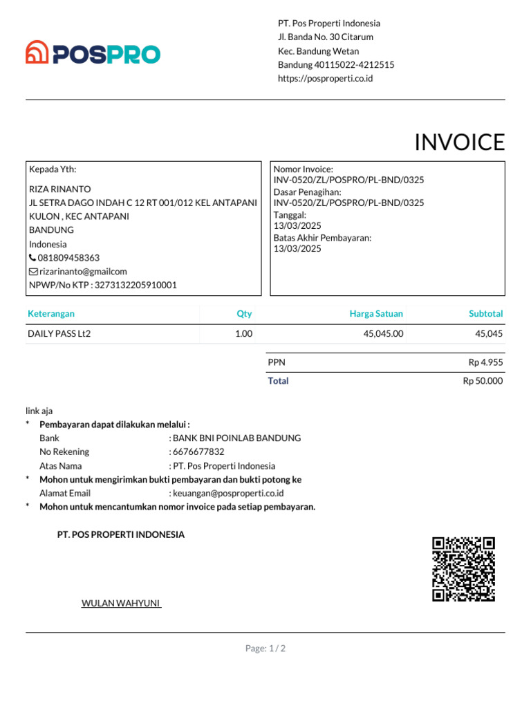 Invoice Pembayaran Daily Pass Lt2 | PDF