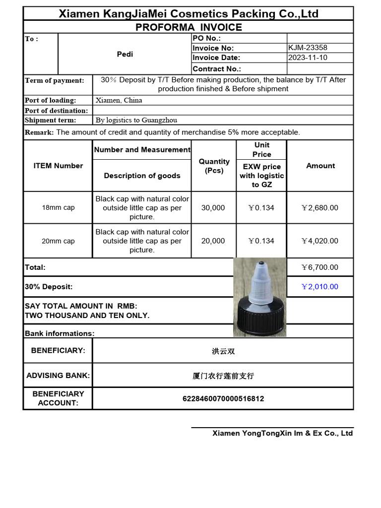 Proforma Invoice for Cosmetics Packing | PDF