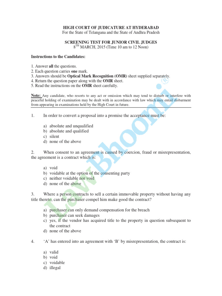 2015 Andhra Civil Judge Prelims Paper - Watermark | PDF | Lawsuit | Arrest
