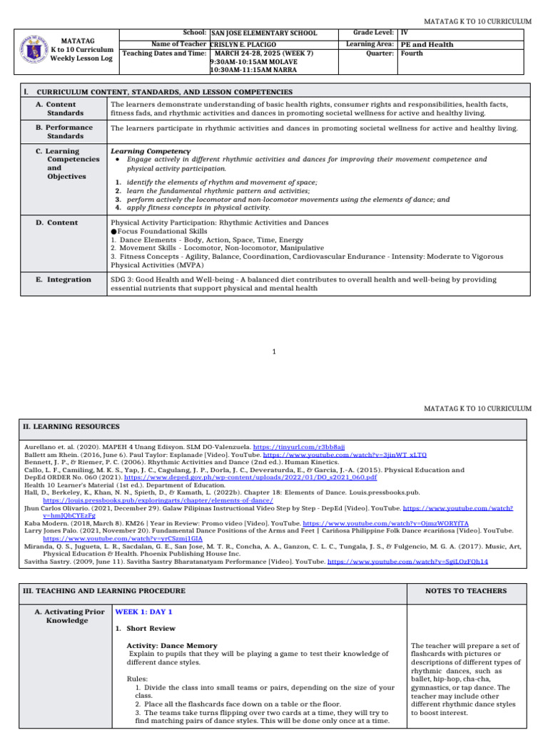 DLL Matatag - Pe & Health 4 Q4 W6-8 | PDF | Dances | Physical Fitness