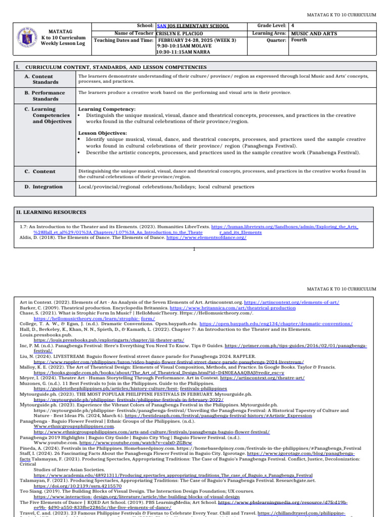 K-10 Music and Arts Lesson Plan | PDF | Dances | Curriculum