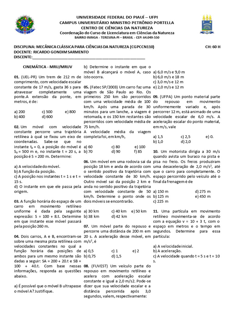 Exercícios de Cinemática: MRU e MRUV | PDF | Trajetória | Velocidade