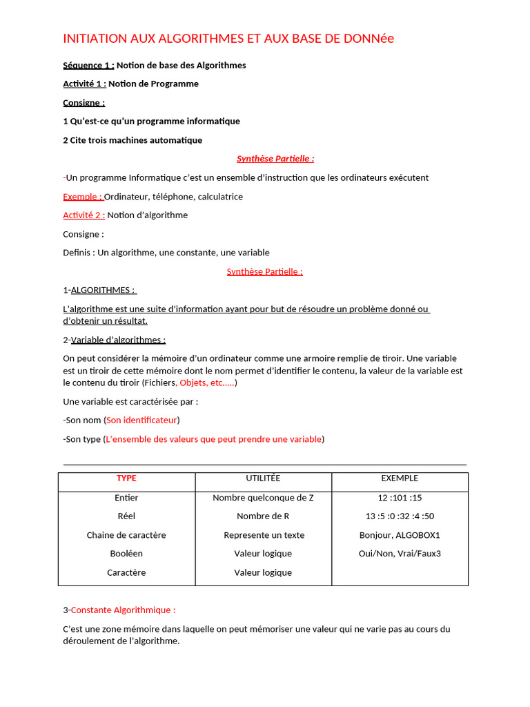 Introduction aux Algorithmes et Programmes | PDF | Algorithmes ...