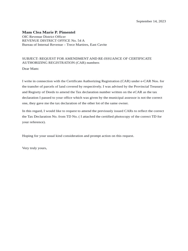 Request for CAR Amendment and Re-Issuance | PDF