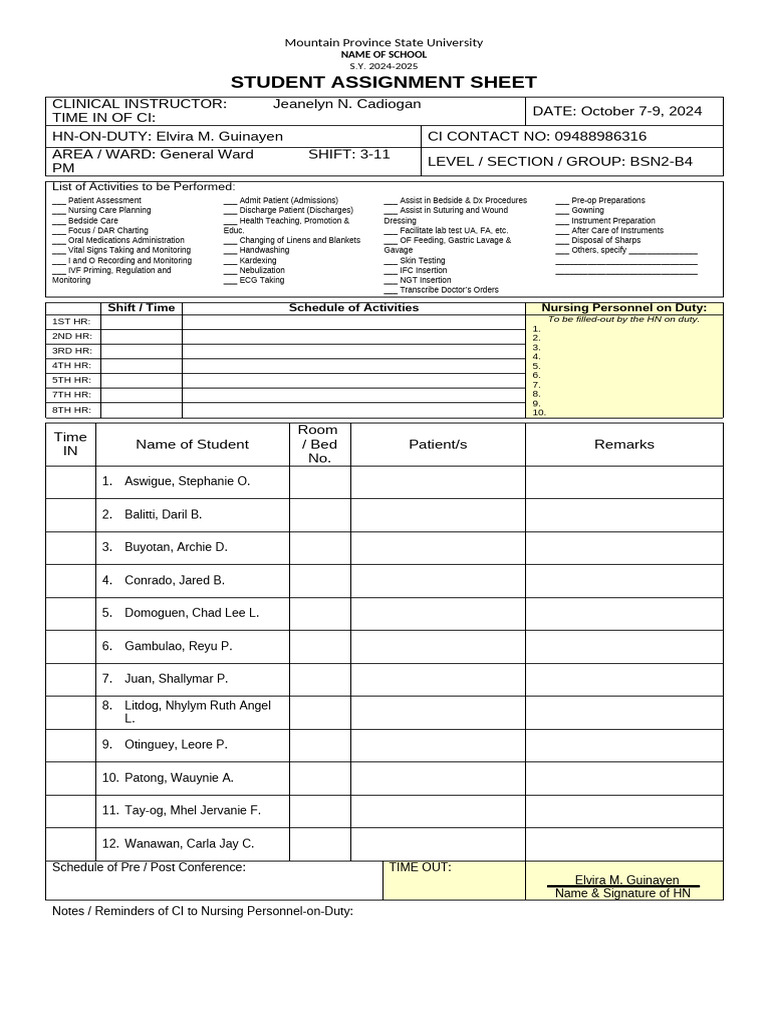 Student Assignment Sheet and Clearance 2022 1 | PDF | Patient | Health ...