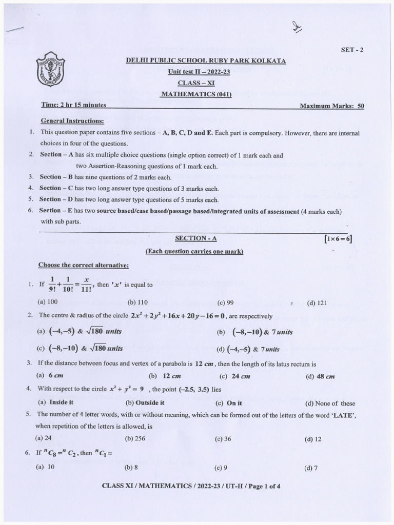 CL XI Unit Test 2 Mathematics 2022-23 | PDF