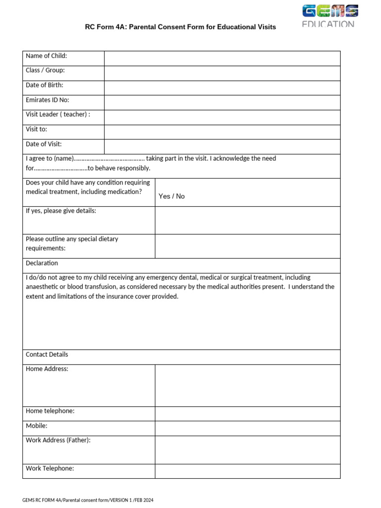 Parental Consent Form for School Trips | PDF