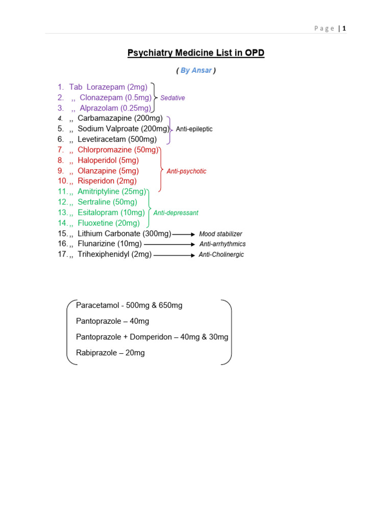 OPD Psychiatry Medication Guide | PDF | Olanzapine | Psychopharmacology