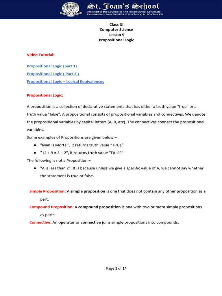 Class XI Computer Science Lesson 9 Propositional Logic Session 2024-'25 ...