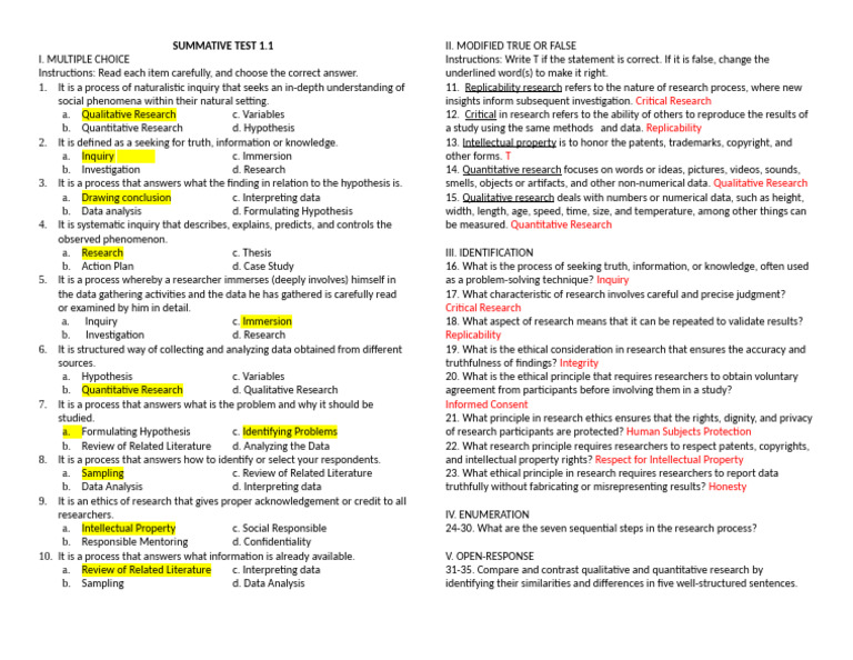 SUMMATIVE-TEST-1.1 | PDF | Quantitative Research | Qualitative Research